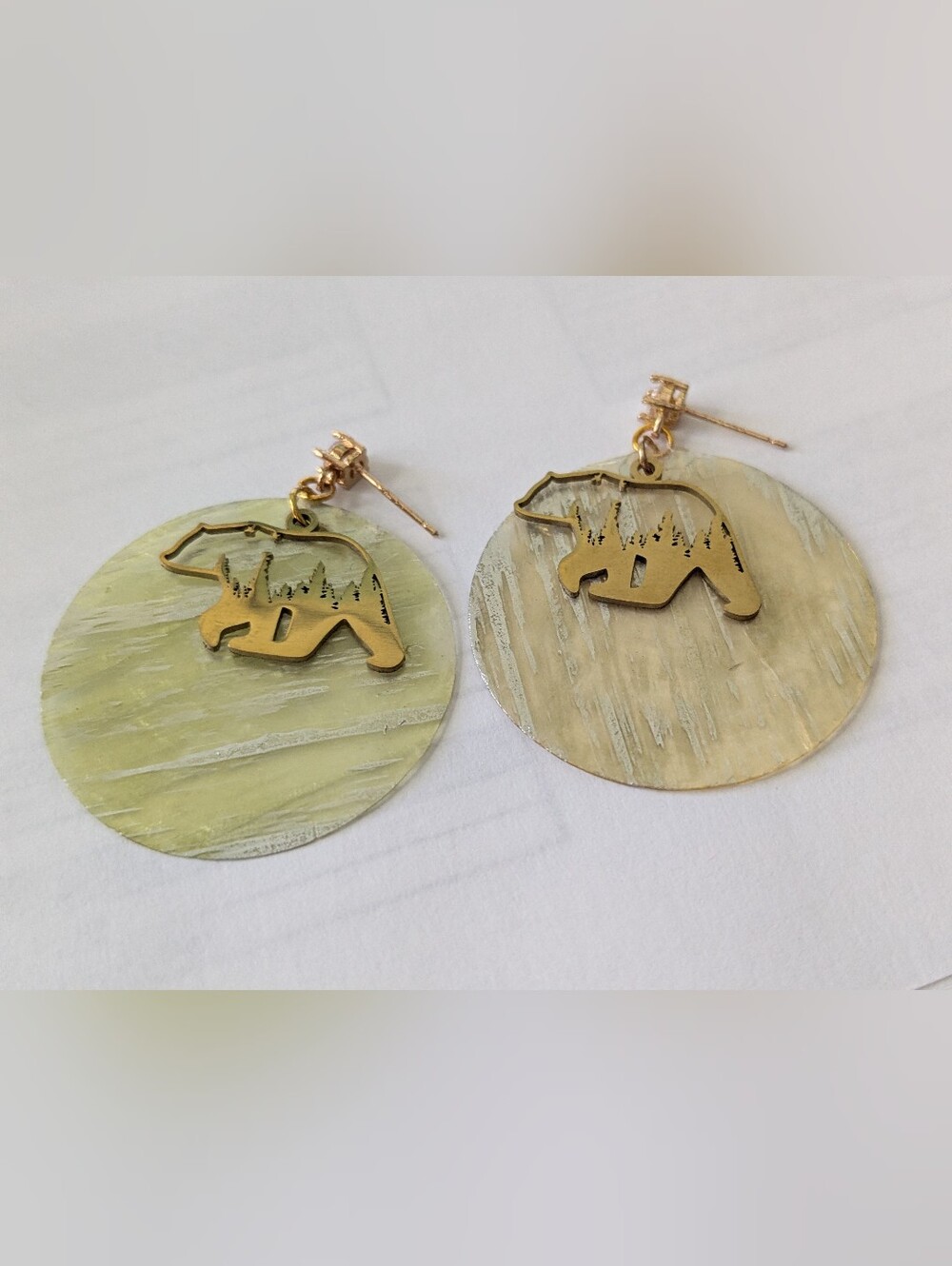 Gold Bear Silhouette Earrings with Iridescent Shimmer Capiz Shells